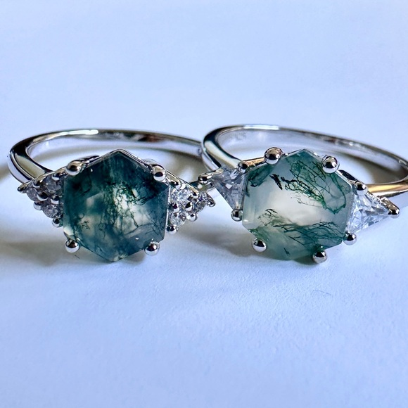 Hexagon Green Moss Agate Sterling Silver Engagement Size 6 7 8 Ring S925